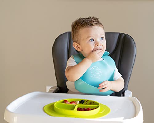 Silicone Bowl and Silicone Plate Easily Wipe Clean! Self Feeding Set Reduces Spills! Spend Less Time Cleaning after Meals with a Baby or Toddler! Set Includes 2 Colors (Lime Green / Turquoise)