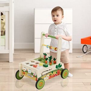 Beright 12-in-1 Wooden Baby Walker, Push and Pull Learning Activity Walker, Multiple Activities Center, Shape Sorting, Grocery Cart Push Toy and Puzzles, Develops Motor Skills & Stimulates