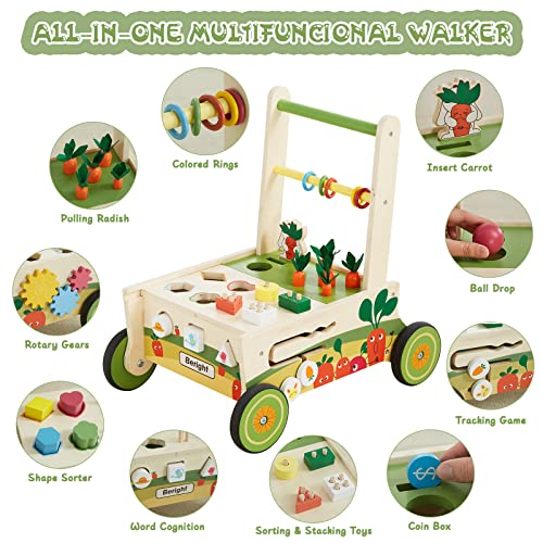 Beright 12-in-1 Wooden Baby Walker, Push and Pull Learning Activity Walker, Multiple Activities Center, Shape Sorting, Grocery Cart Push Toy and Puzzles, Develops Motor Skills & Stimulates