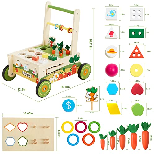 Beright 12-in-1 Wooden Baby Walker, Push and Pull Learning Activity Walker, Multiple Activities Center, Shape Sorting, Grocery Cart Push Toy and Puzzles, Develops Motor Skills & Stimulates