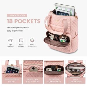 LOVEVOOK Laptop Backpack for Women 15.6 inch,Diamond Quilted Convertible Backpack Tote Laptop Computer Work Bag,Cute Womens Travel Backpack Purse College Teacher Carry on Back pack with USB Port,Pink
