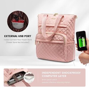 LOVEVOOK Laptop Backpack for Women 17 inch,Diamond Quilted Convertible Backpack Tote Laptop Computer Work Bag,Cute Womens Travel Backpack Purse College Teacher Carry on Back pack with USB Port,Pink