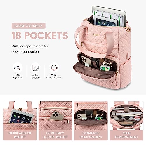 LOVEVOOK Laptop Backpack for Women 17 inch,Diamond Quilted Convertible Backpack Tote Laptop Computer Work Bag,Cute Womens Travel Backpack Purse College Teacher Carry on Back pack with USB Port,Pink