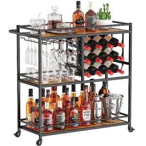 lifewit bar cart for the home, 3 tier drink cart with lockable wheels, 12 wine rack and 3 rows glass holders, liquor serving cart for kitchen dining livingroom, 31.6" x 13.1" x 33.9", rustic brown