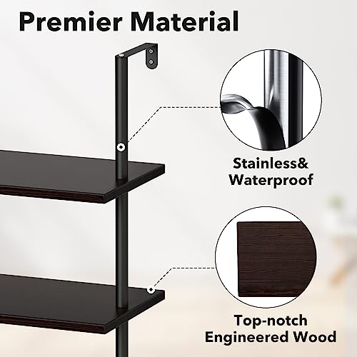 pickpiff Ladder Shelf Bookcase 5 Tier, Extra Sturdy Modern Bookshelf Wall Mounted, Tall Black Open Book Shelf, Standing Industrial Metal Frame with Wooden Shelves