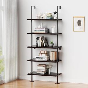 pickpiff ladder shelf bookcase 5 tier, extra sturdy modern bookshelf wall mounted, tall black open book shelf, standing industrial metal frame with wooden shelves