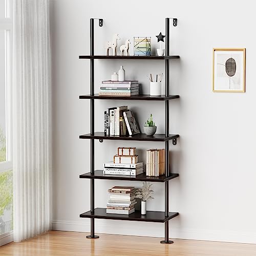 pickpiff Ladder Shelf Bookcase 5 Tier, Extra Sturdy Modern Bookshelf Wall Mounted, Tall Black Open Book Shelf, Standing Industrial Metal Frame with Wooden Shelves