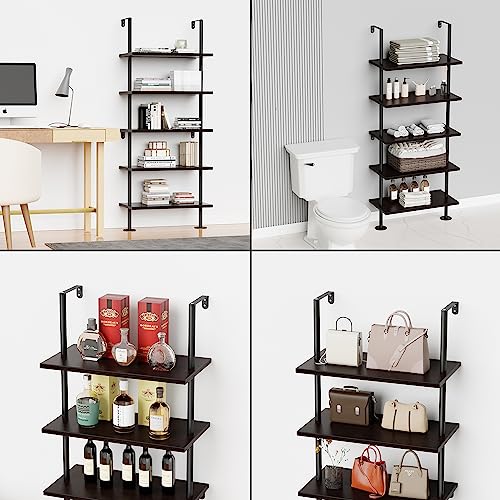 pickpiff Ladder Shelf Bookcase 5 Tier, Extra Sturdy Modern Bookshelf Wall Mounted, Tall Black Open Book Shelf, Standing Industrial Metal Frame with Wooden Shelves