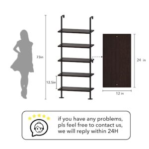 pickpiff Ladder Shelf Bookcase 5 Tier, Extra Sturdy Modern Bookshelf Wall Mounted, Tall Black Open Book Shelf, Standing Industrial Metal Frame with Wooden Shelves