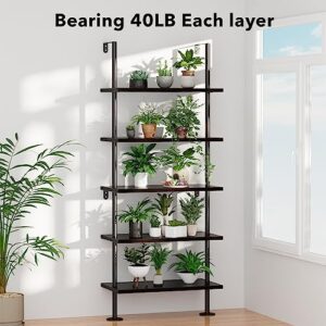 pickpiff Ladder Shelf Bookcase 5 Tier, Extra Sturdy Modern Bookshelf Wall Mounted, Tall Black Open Book Shelf, Standing Industrial Metal Frame with Wooden Shelves