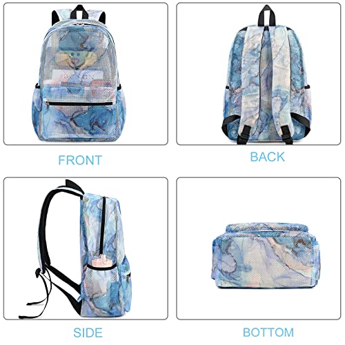 LEDAOU Kids Mesh Backpack 2pcs Set Semi-Transparent Mesh Bookbag with Crossbody Messenger Bag See Through School Backpack Lightweight Casual Daypacks (Marble Blue)