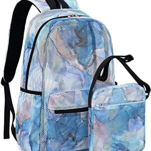 LEDAOU Kids Mesh Backpack 2pcs Set Semi-Transparent Mesh Bookbag with Crossbody Messenger Bag See Through School Backpack Lightweight Casual Daypacks (Marble Blue)