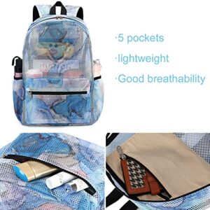 LEDAOU Kids Mesh Backpack 2pcs Set Semi-Transparent Mesh Bookbag with Crossbody Messenger Bag See Through School Backpack Lightweight Casual Daypacks (Marble Blue)