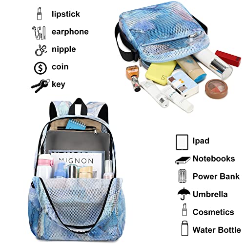 LEDAOU Kids Mesh Backpack 2pcs Set Semi-Transparent Mesh Bookbag with Crossbody Messenger Bag See Through School Backpack Lightweight Casual Daypacks (Marble Blue)