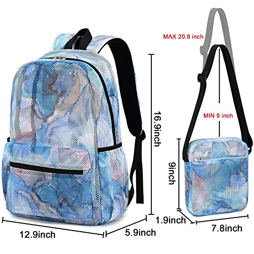 LEDAOU Kids Mesh Backpack 2pcs Set Semi-Transparent Mesh Bookbag with Crossbody Messenger Bag See Through School Backpack Lightweight Casual Daypacks (Marble Blue)