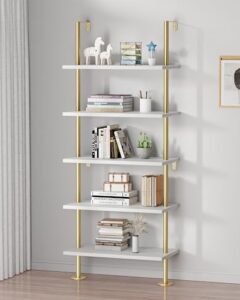 pickpiff ladder shelf bookcase 5 tier, extra sturdy modern bookshelf wall mounted, tall standing open shelf white and gold, industrial metal frame with wooden shelf