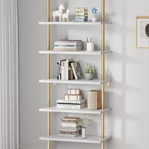 pickpiff Ladder Shelf Bookcase 5 Tier, Extra Sturdy Modern Bookshelf Wall Mounted, Tall Standing Open Shelf White and Gold, Industrial Metal Frame with Wooden Shelf