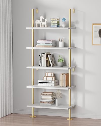 pickpiff Ladder Shelf Bookcase 5 Tier, Extra Sturdy Modern Bookshelf Wall Mounted, Tall Standing Open Shelf White and Gold, Industrial Metal Frame with Wooden Shelf