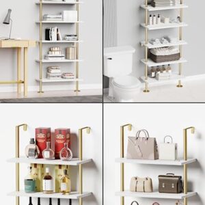 pickpiff Ladder Shelf Bookcase 5 Tier, Extra Sturdy Modern Bookshelf Wall Mounted, Tall Standing Open Shelf White and Gold, Industrial Metal Frame with Wooden Shelf