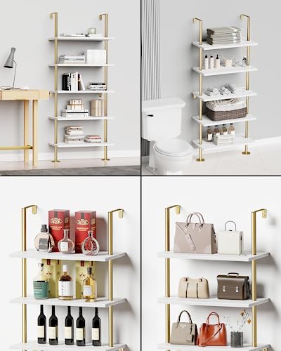 pickpiff Ladder Shelf Bookcase 5 Tier, Extra Sturdy Modern Bookshelf Wall Mounted, Tall Standing Open Shelf White and Gold, Industrial Metal Frame with Wooden Shelf