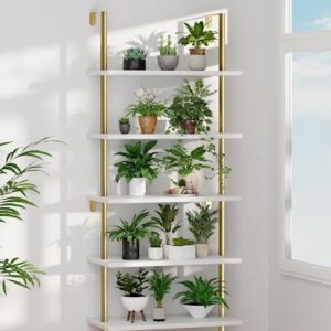 pickpiff Ladder Shelf Bookcase 5 Tier, Extra Sturdy Modern Bookshelf Wall Mounted, Tall Standing Open Shelf White and Gold, Industrial Metal Frame with Wooden Shelf