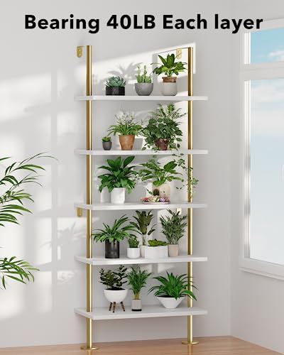 pickpiff Ladder Shelf Bookcase 5 Tier, Extra Sturdy Modern Bookshelf Wall Mounted, Tall Standing Open Shelf White and Gold, Industrial Metal Frame with Wooden Shelf