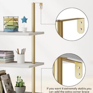 pickpiff Ladder Shelf Bookcase 5 Tier, Extra Sturdy Modern Bookshelf Wall Mounted, Tall Standing Open Shelf White and Gold, Industrial Metal Frame with Wooden Shelf