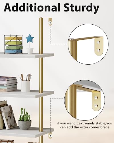 pickpiff Ladder Shelf Bookcase 5 Tier, Extra Sturdy Modern Bookshelf Wall Mounted, Tall Standing Open Shelf White and Gold, Industrial Metal Frame with Wooden Shelf