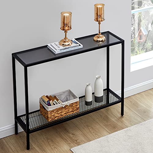 SAYGOER Glass Console Table Black Entryway Table Narrow Sofa Table with Storage 2 Tier Accent Couch Table Hallway Table for Entry Way Living Bed Room Home Office Small Space, Gray Black