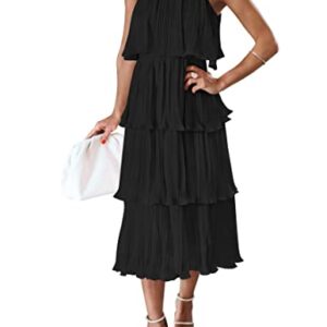 ZESICA Women's 2023 Summer Sleeveless Halter Neck Ruffle Tiered Layed Chiffon Flowy Swing Long Midi Dress,DarkBlack,Large