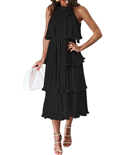 ZESICA Women's 2023 Summer Sleeveless Halter Neck Ruffle Tiered Layed Chiffon Flowy Swing Long Midi Dress,DarkBlack,Large