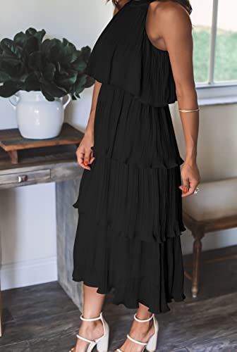 ZESICA Women's 2023 Summer Sleeveless Halter Neck Ruffle Tiered Layed Chiffon Flowy Swing Long Midi Dress,DarkBlack,Large