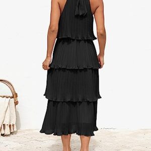 ZESICA Women's 2023 Summer Sleeveless Halter Neck Ruffle Tiered Layed Chiffon Flowy Swing Long Midi Dress,DarkBlack,Large