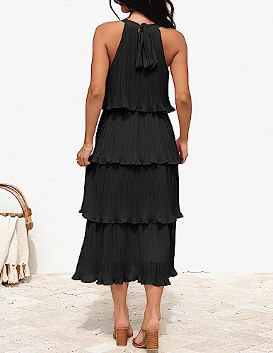 ZESICA Women's 2023 Summer Sleeveless Halter Neck Ruffle Tiered Layed Chiffon Flowy Swing Long Midi Dress,DarkBlack,Large