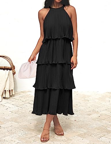 ZESICA Women's 2023 Summer Sleeveless Halter Neck Ruffle Tiered Layed Chiffon Flowy Swing Long Midi Dress,DarkBlack,Large