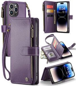 caseme iphone 14 pro max wallet case, iphone 14 pro max case with card holder, iphone 14 pro max leather case for women men, premium iphone 14 pro max case with kickstand strap zipper, purple