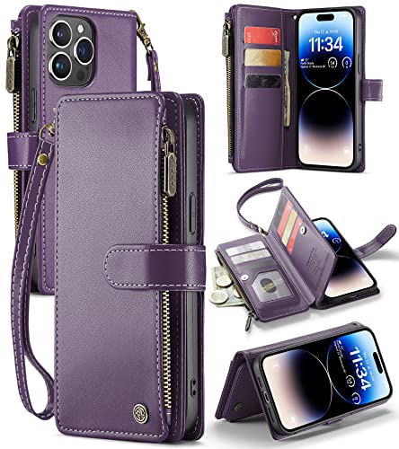 CaseMe iPhone 14 Pro Max Wallet Case, iPhone 14 Pro Max Case with Card Holder, iPhone 14 Pro Max Leather Case for Women Men, Premium iPhone 14 Pro Max Case with Kickstand Strap Zipper, Purple