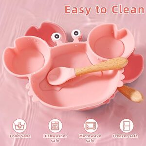 Baby Feeding Set, 9 in 1 Silicone Toddler Weaning Set- Adjustable Bib, Crab Pattern Divided Plate, Sucking Bowl, 2 Pairs of Feeding Spoons and Forks, Snack Cup, Drinking Cup for Babies and Toddler