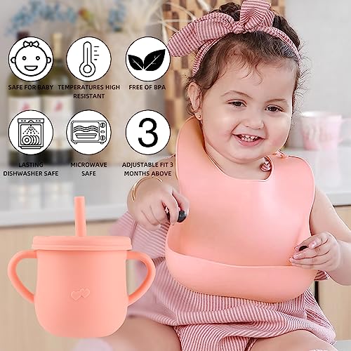 Baby Feeding Set, 9 in 1 Silicone Toddler Weaning Set- Adjustable Bib, Crab Pattern Divided Plate, Sucking Bowl, 2 Pairs of Feeding Spoons and Forks, Snack Cup, Drinking Cup for Babies and Toddler