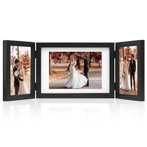 decociaga hinged 3 picture frame 4x6 & 5x7 folding collage photo frames multiple wooden desk picture frames with mat for office tabletop or wall decor, black