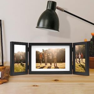 DECOCIAGA Hinged 3 Picture Frame 4x6 & 5x7 Folding Collage Photo Frames Multiple Wooden Desk Picture Frames with Mat for Office Tabletop or Wall Decor, Black