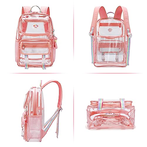 Maod Clear Backpack Heavy Duty Stadium Approved PVC Transparent Large School Book Bag with Free Sticker and A Pendant (Pink)