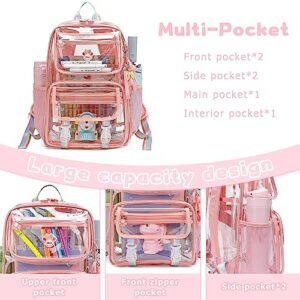 Maod Clear Backpack Heavy Duty Stadium Approved PVC Transparent Large School Book Bag with Free Sticker and A Pendant (Pink)