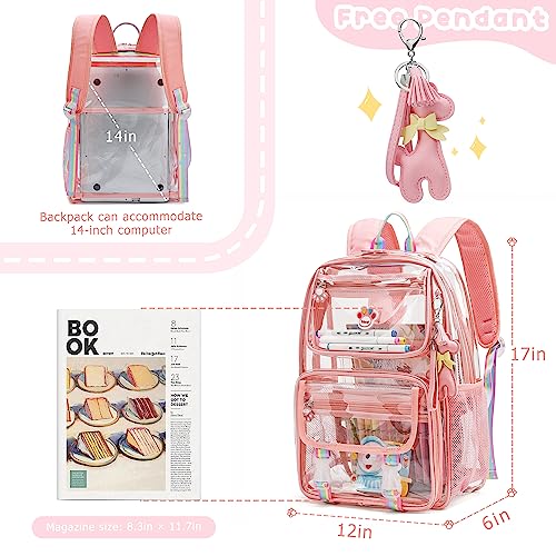 Maod Clear Backpack Heavy Duty Stadium Approved PVC Transparent Large School Book Bag with Free Sticker and A Pendant (Pink)