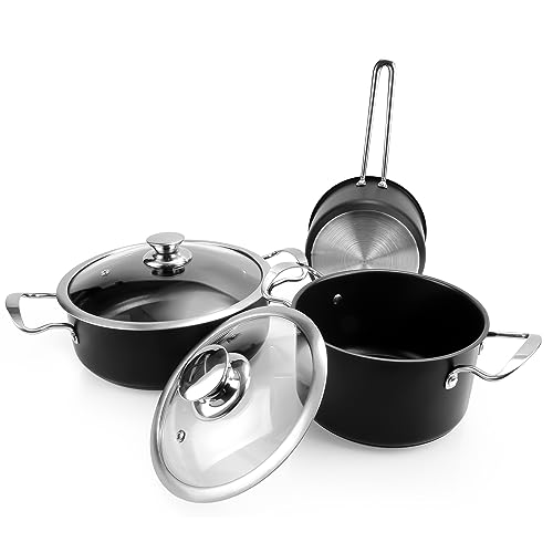 Pots and Pans Set Nonstick，6-Piece Kitchen Cookware Set with Glass Lids，Black Induction Pots and Pans Set with Stay-Cool Stainless Steel Handles，Saucepan Set Compatible with All Stovetops