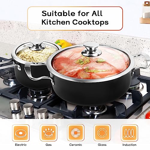 Pots and Pans Set Nonstick，6-Piece Kitchen Cookware Set with Glass Lids，Black Induction Pots and Pans Set with Stay-Cool Stainless Steel Handles，Saucepan Set Compatible with All Stovetops