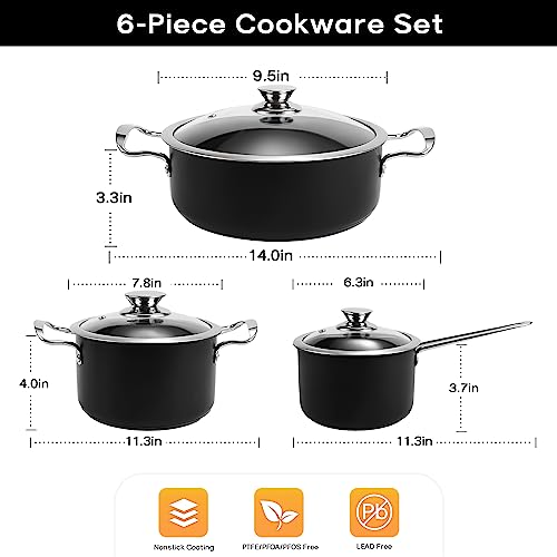 Pots and Pans Set Nonstick，6-Piece Kitchen Cookware Set with Glass Lids，Black Induction Pots and Pans Set with Stay-Cool Stainless Steel Handles，Saucepan Set Compatible with All Stovetops