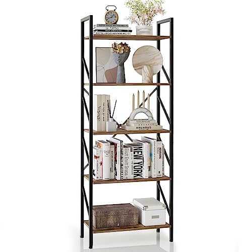 Huhote 5 Tier Bookshelf Bookcase Wood Tall Bookshelf Open Shelf,Farmhouse Bookshelf Book case, Industrial Bookshelf Storage Organizer for Bedroom,Living Room,Office, Rustic Brown