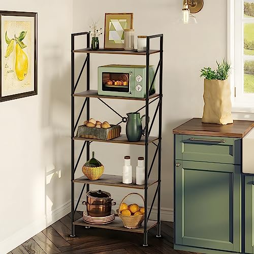 Huhote 5 Tier Bookshelf Bookcase Wood Tall Bookshelf Open Shelf,Farmhouse Bookshelf Book case, Industrial Bookshelf Storage Organizer for Bedroom,Living Room,Office, Rustic Brown