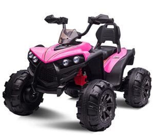 ottaro 12v ride on atv 2 seater, 4 wheeler electric quad for kids 3-8 w/ 17" length seat, led lights, 2 speeds, soft braking, rear pedal & backrest (pink)